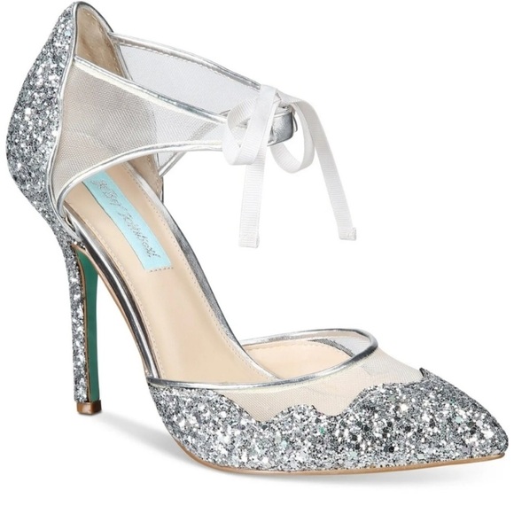 Betsey Johnson Stella Silver Glitter Mesh Ankle Tie Heels - Picture 1 of 15
